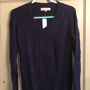 Ann Taylor loft navy v-neck cable sweater M NWT